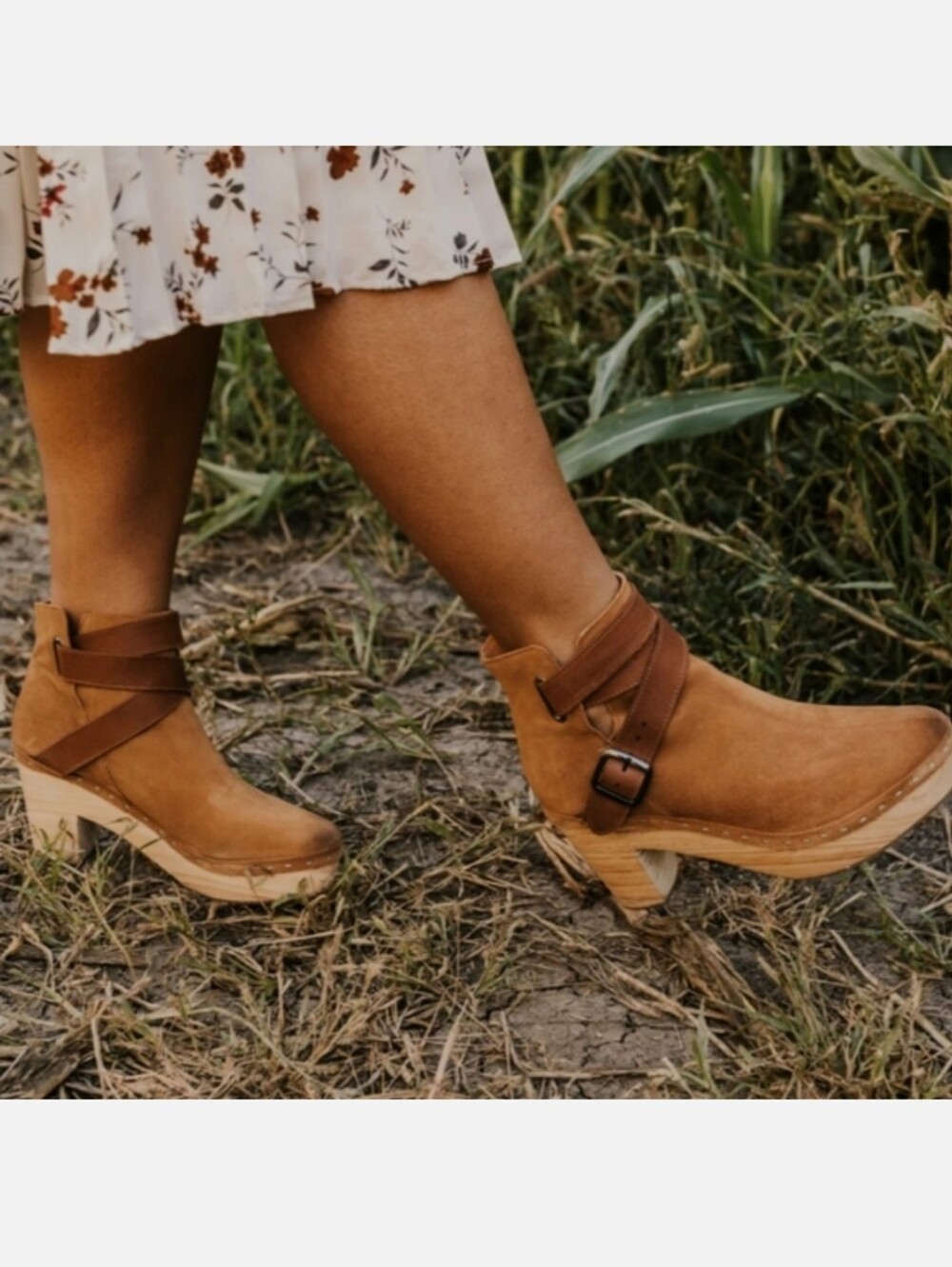 Free People Bungalow Wooden Clog Ankle Boot Strap Suede Sand Sz 39